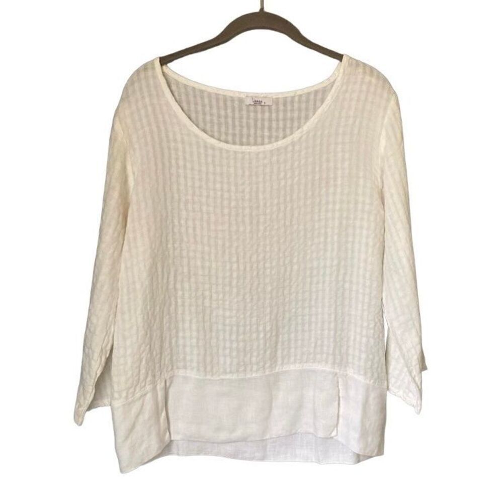 Linnea linen blend women’s lagenlook ￼white, 3/4 sleeve blouse S/S